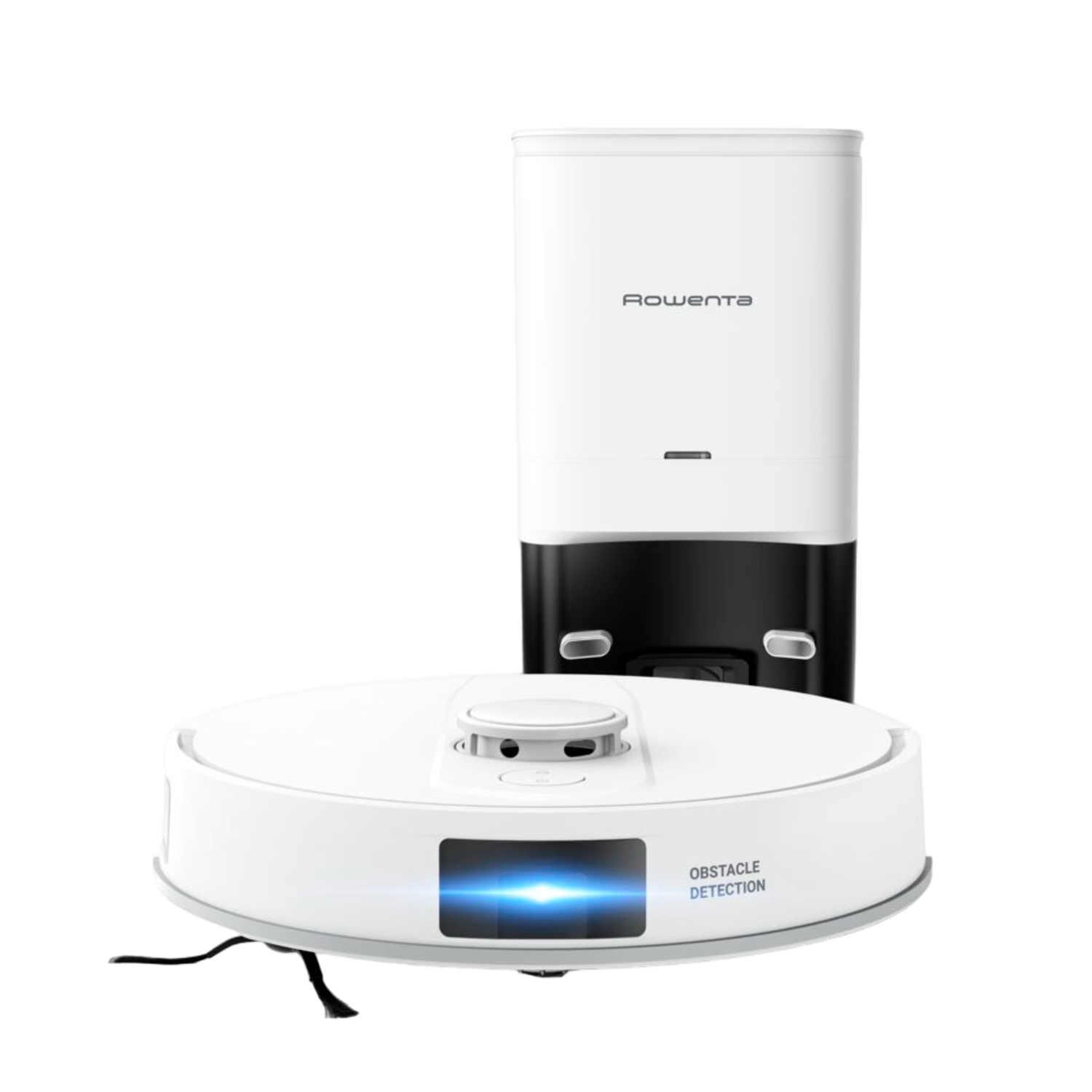 White robot vacuum cleaner and charging station. The vacuum has a blue light and says Obstacle Detection.