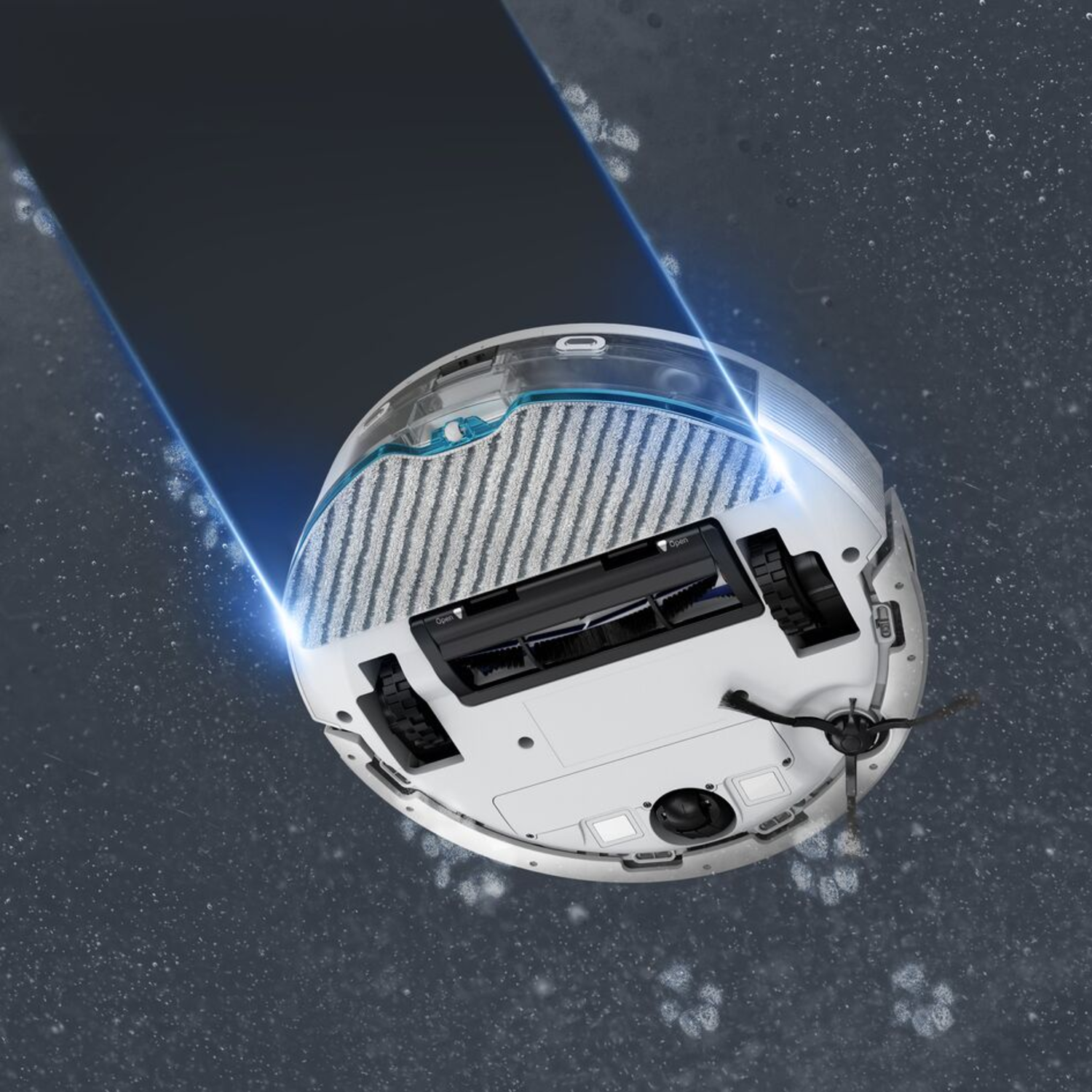 Robot vacuum cleaner in action, cleaning a floor with blue light trails.