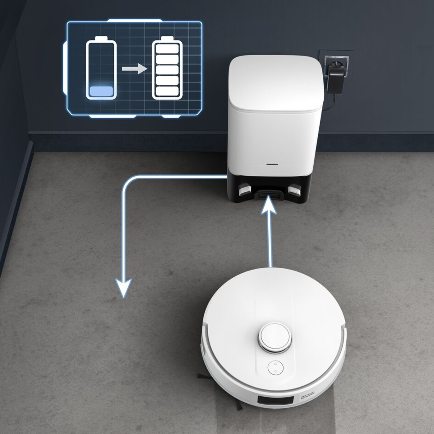A robot vacuum cleaner docks on its charging station.