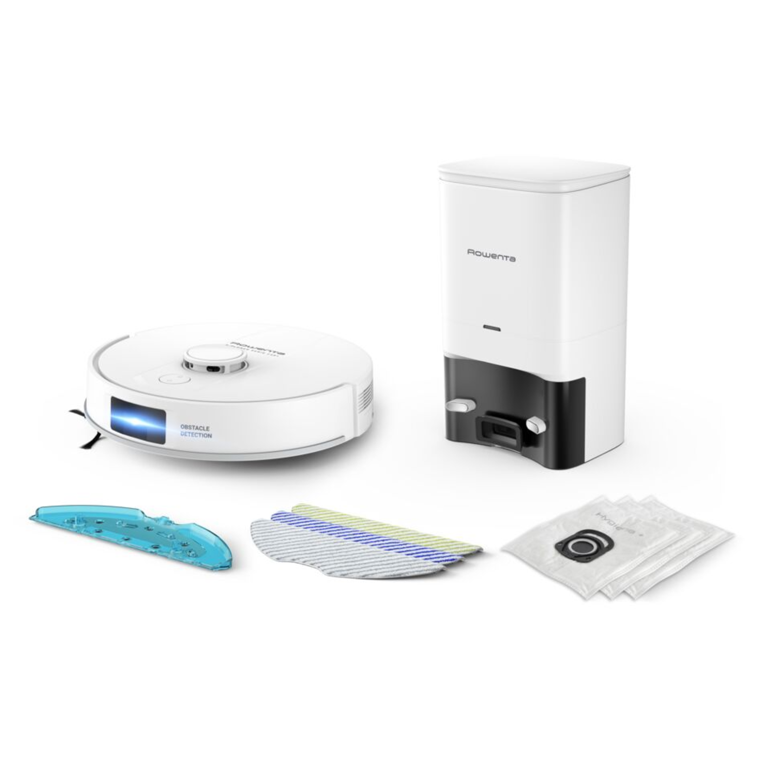White and black robotic vacuum cleaner and charging base with accessories on white background.