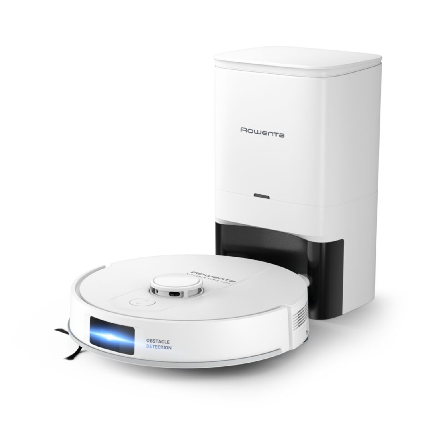 White robot vacuum cleaner with charging station. Obstacle detection label.