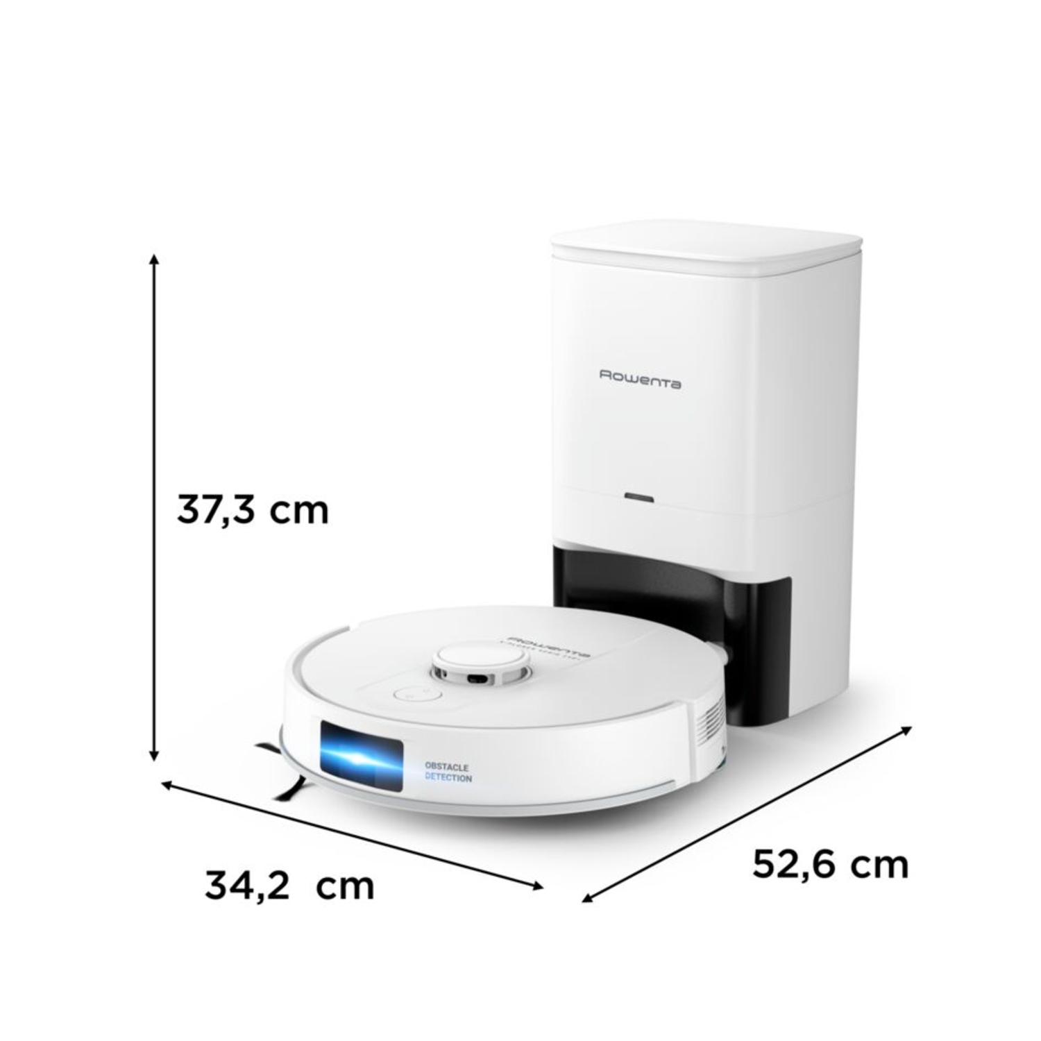 Robot vacuum cleaner next to its charging and cleaning station. Dimensions are indicated with arrows.