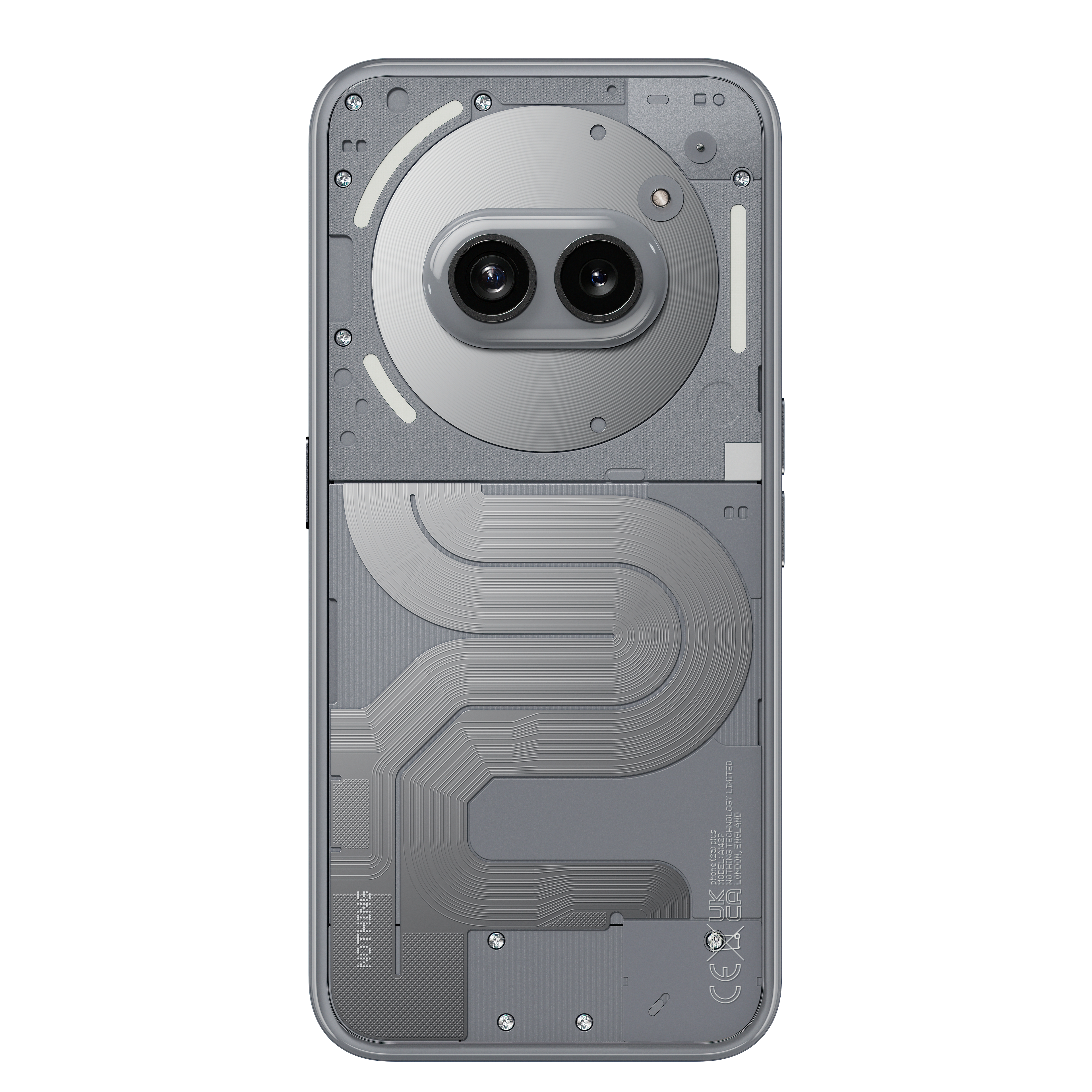 Rückseite eines Nothing Phone mit transparentem Design, das interne Komponenten und Dual-Kameras zeigt.