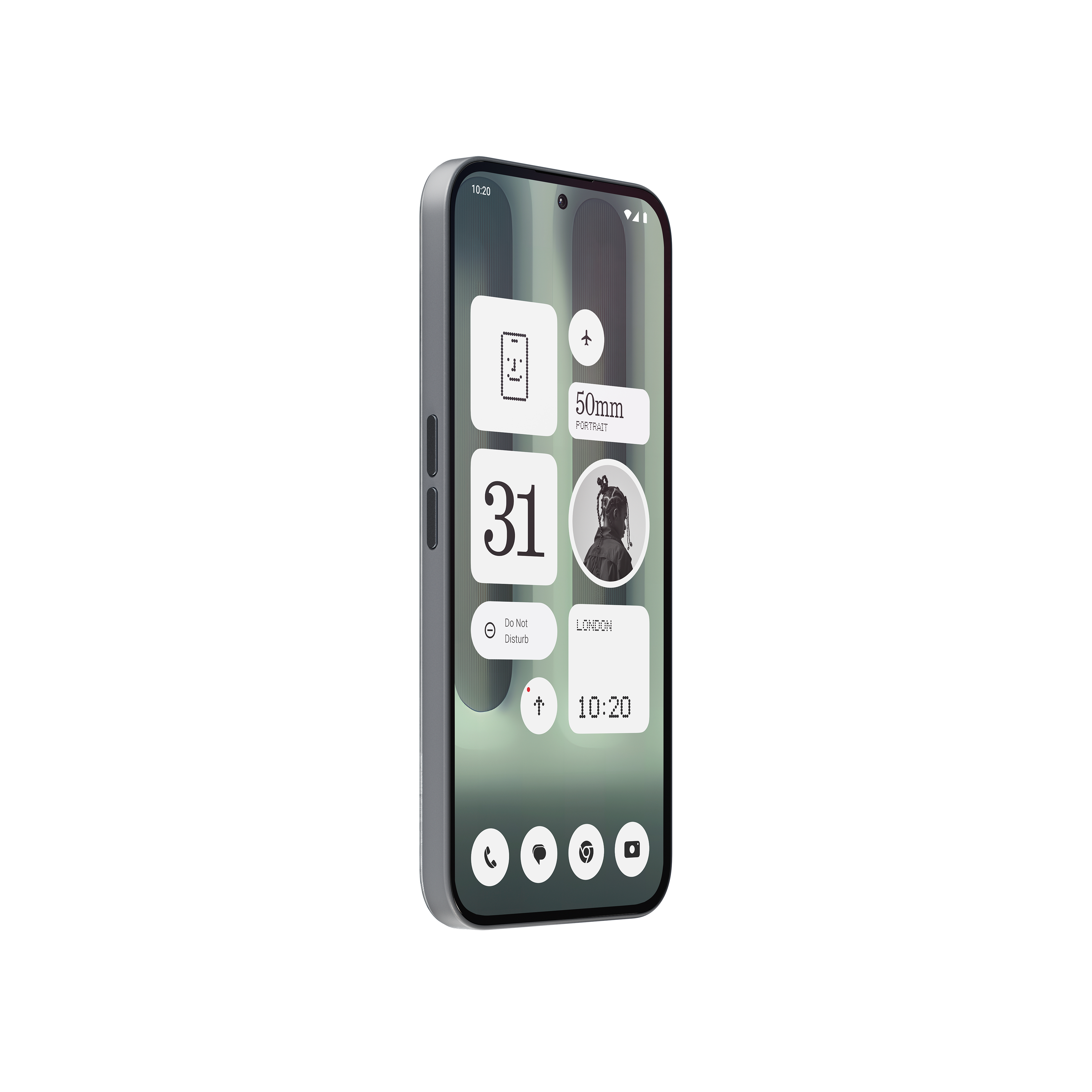 Smartphone zeigt UI mit Symbolen, Uhrzeit und Gesicht. Metallisch grauer Rahmen.