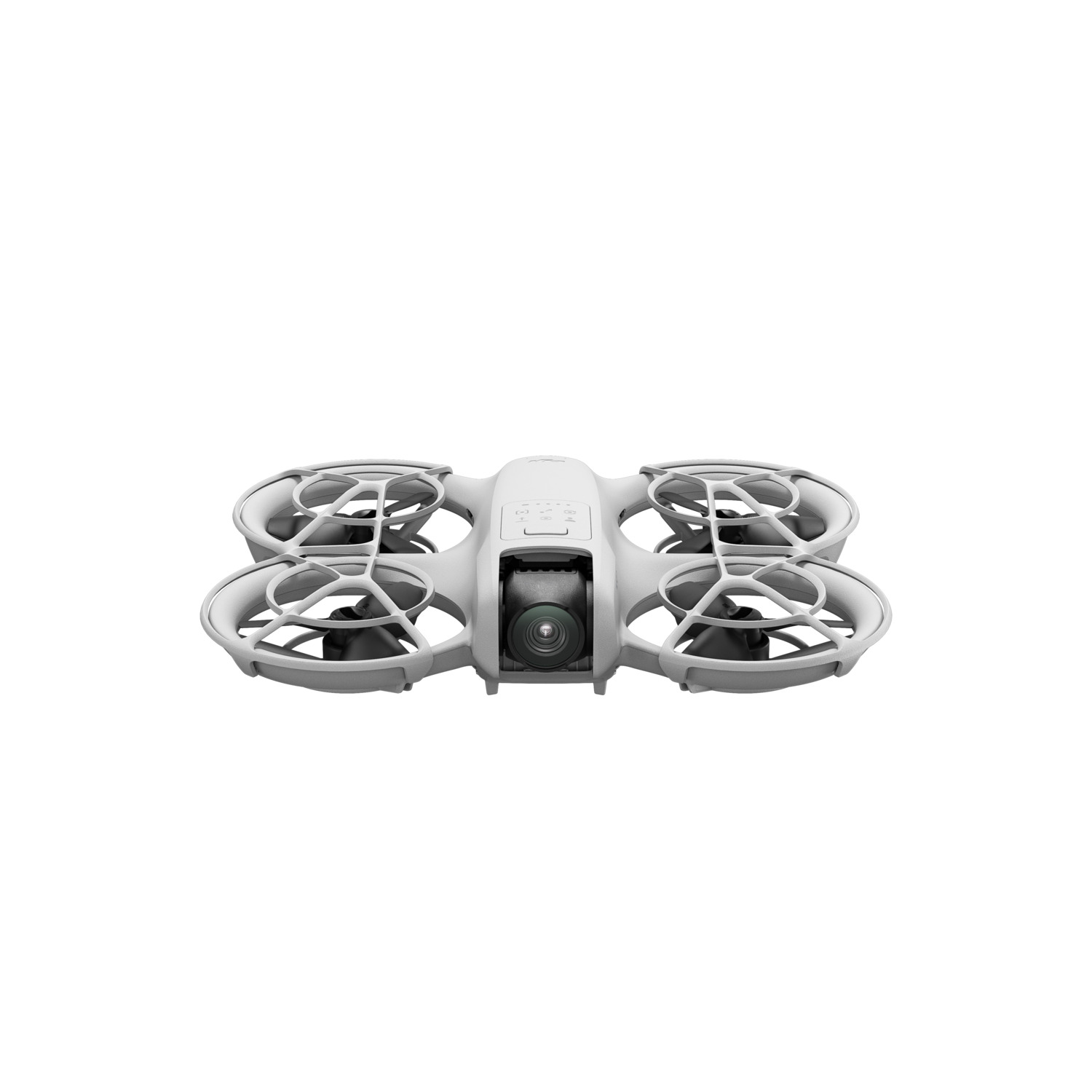 A white drone with four propellers and a camera in the center, viewed from the bottom.