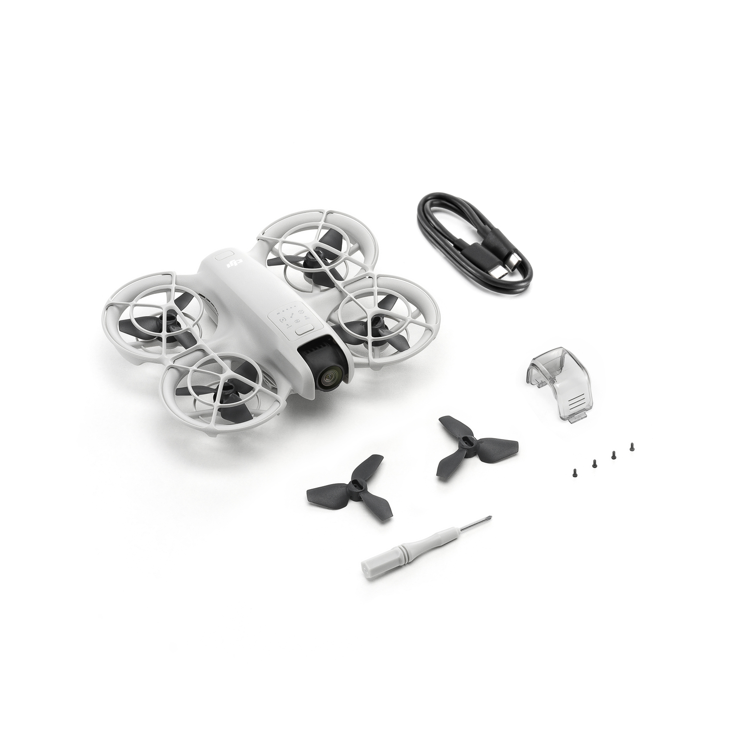 DJI drone components: drone, propellers, screwdriver, cable.