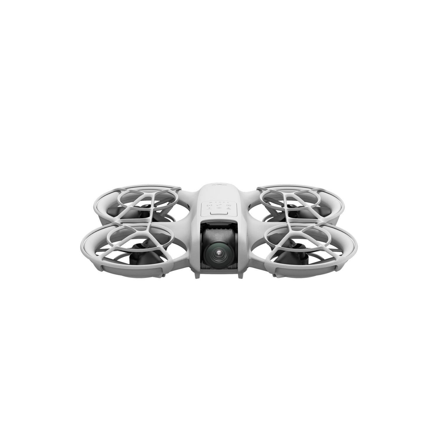 Un drone blanc avec quatre hélices et une caméra au centre, vu d'en bas.