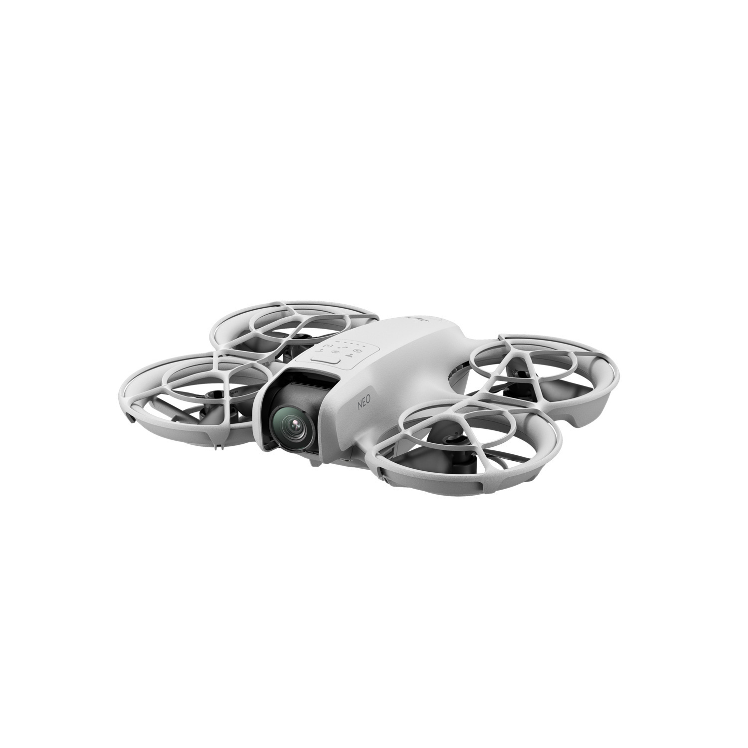 Un drone blanc avec quatre hélices et une caméra. Fond blanc.