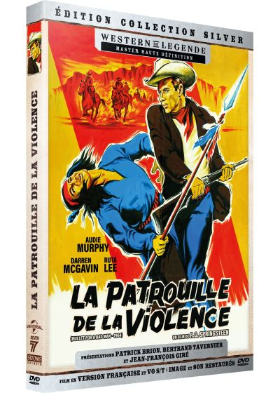 Pochette de DVD. Illustration d'un cow-boy combattant un homme indigène avec une lance. Texte : La Patrouille De La Violence.