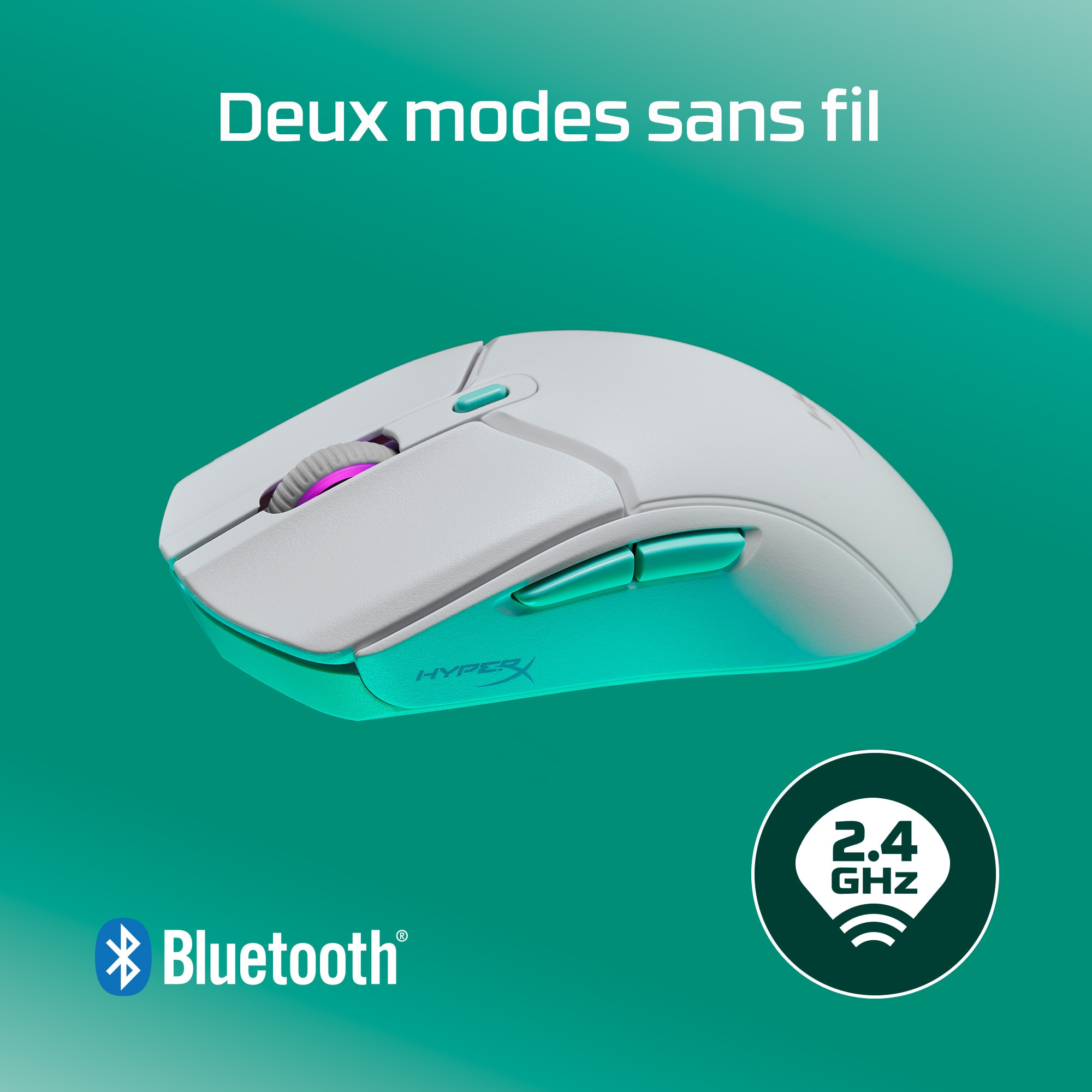 Mouse wireless bianco e grigio, dettagli turchese, logo Bluetooth e 2,4 GHz, sfondo turchese.