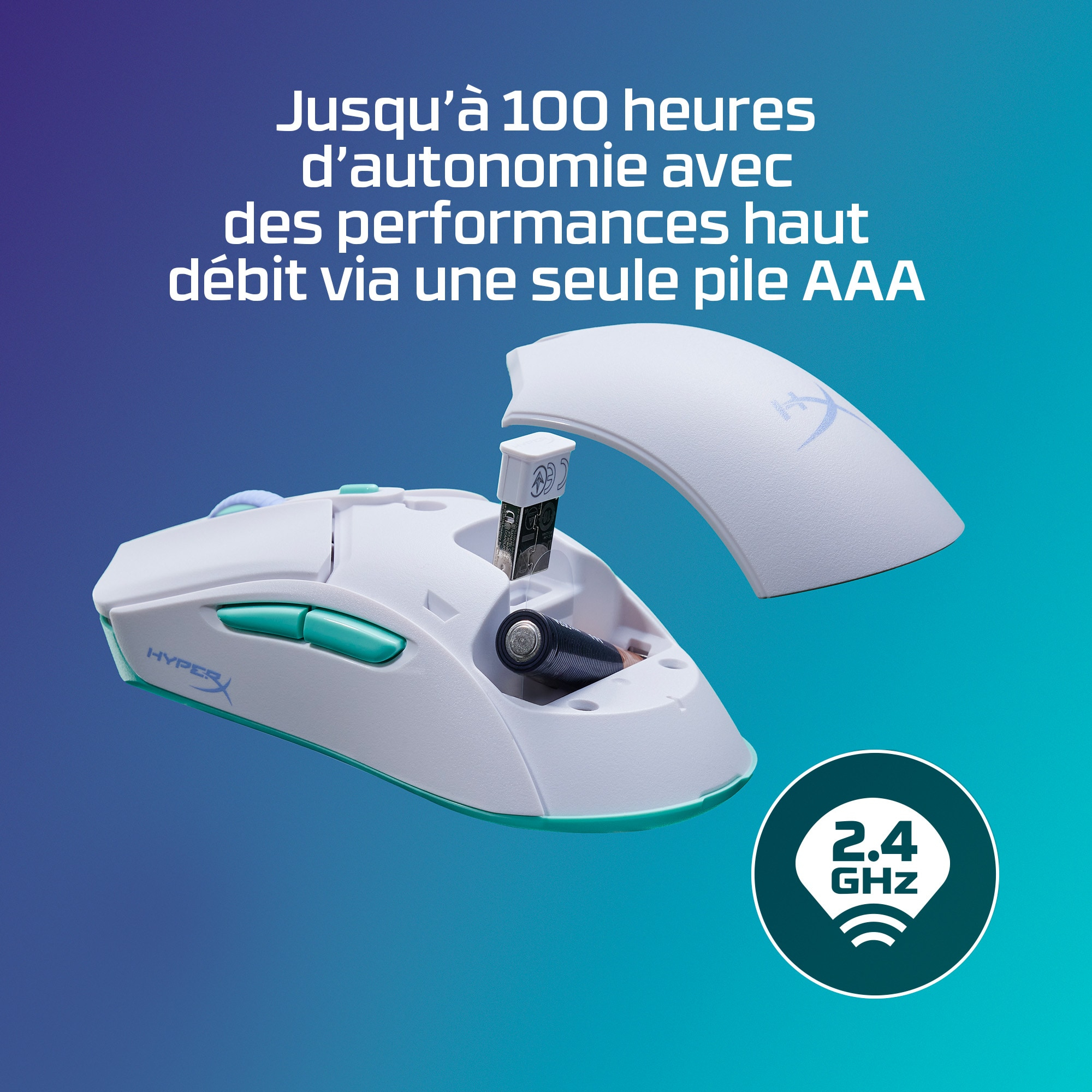 Mouse da gioco bianco con accenti turchesi. Include un dongle e un vano batteria.