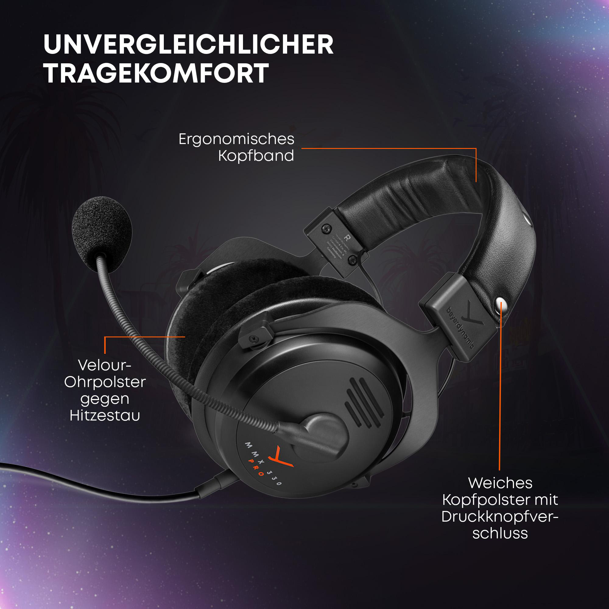 Schwarzes Gaming-Headset mit Mikrofon. Es hat schwarze Ohrmuscheln und ein schwarzes Kopfband.