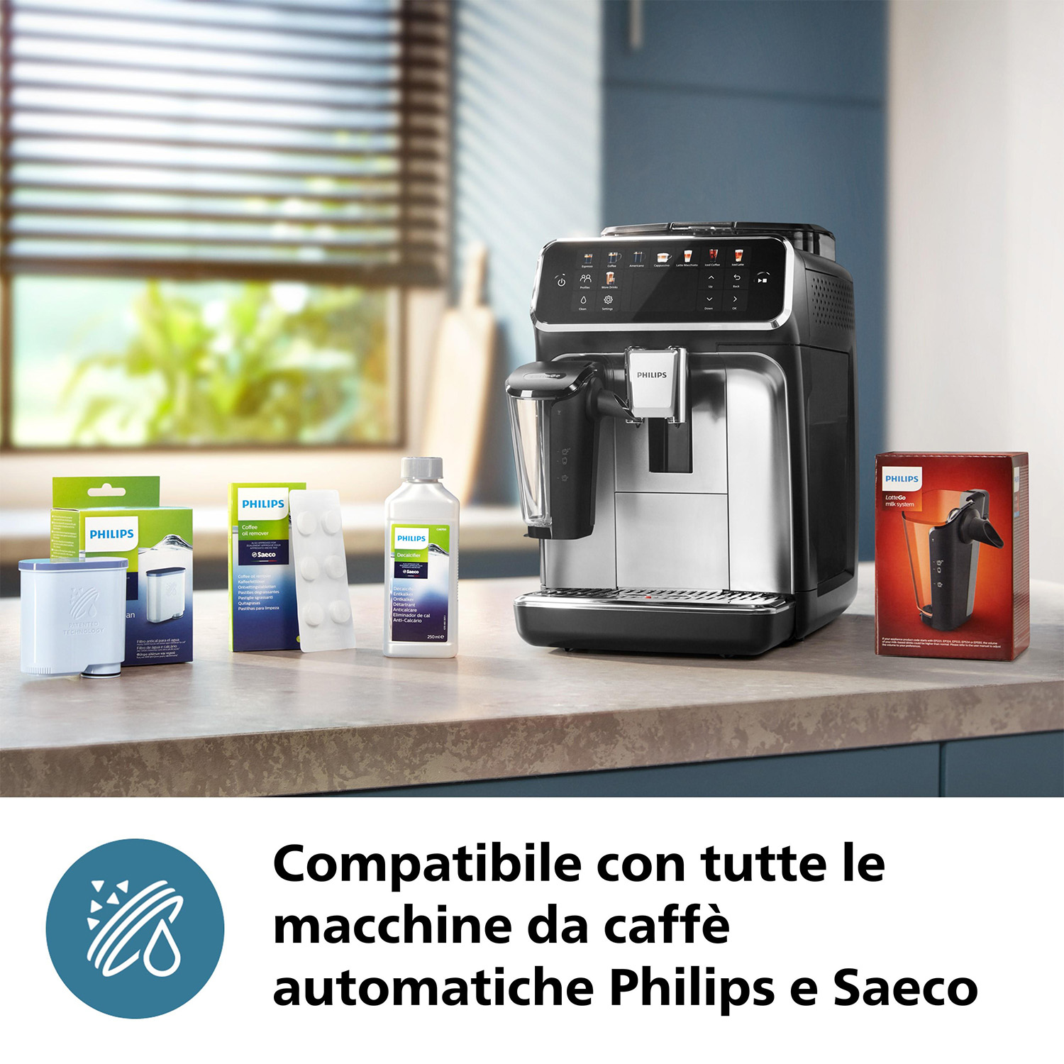 Macchina per espresso con accessori. Compatibile con tutte le macchine da caffè automatiche Philips e Saeco.
