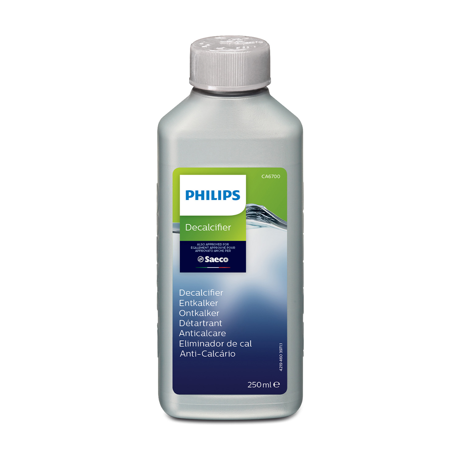 Una bottiglia di soluzione detergente Philips Decalcificante, con etichette multilingue e un tappo bianco.