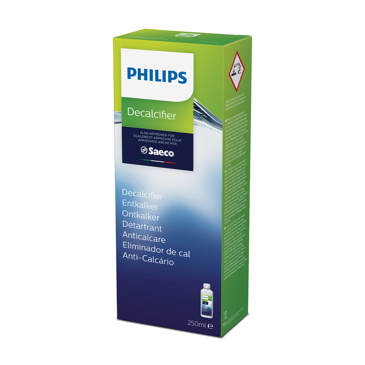 Scatola verde e bianca Philips Decalcifier. Il testo include il nome del prodotto e il logo Saeco.