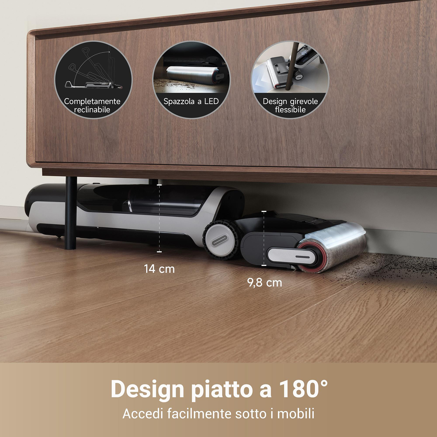 Un robot per la pulizia sotto un mobile, che mostra il suo design e le dimensioni.