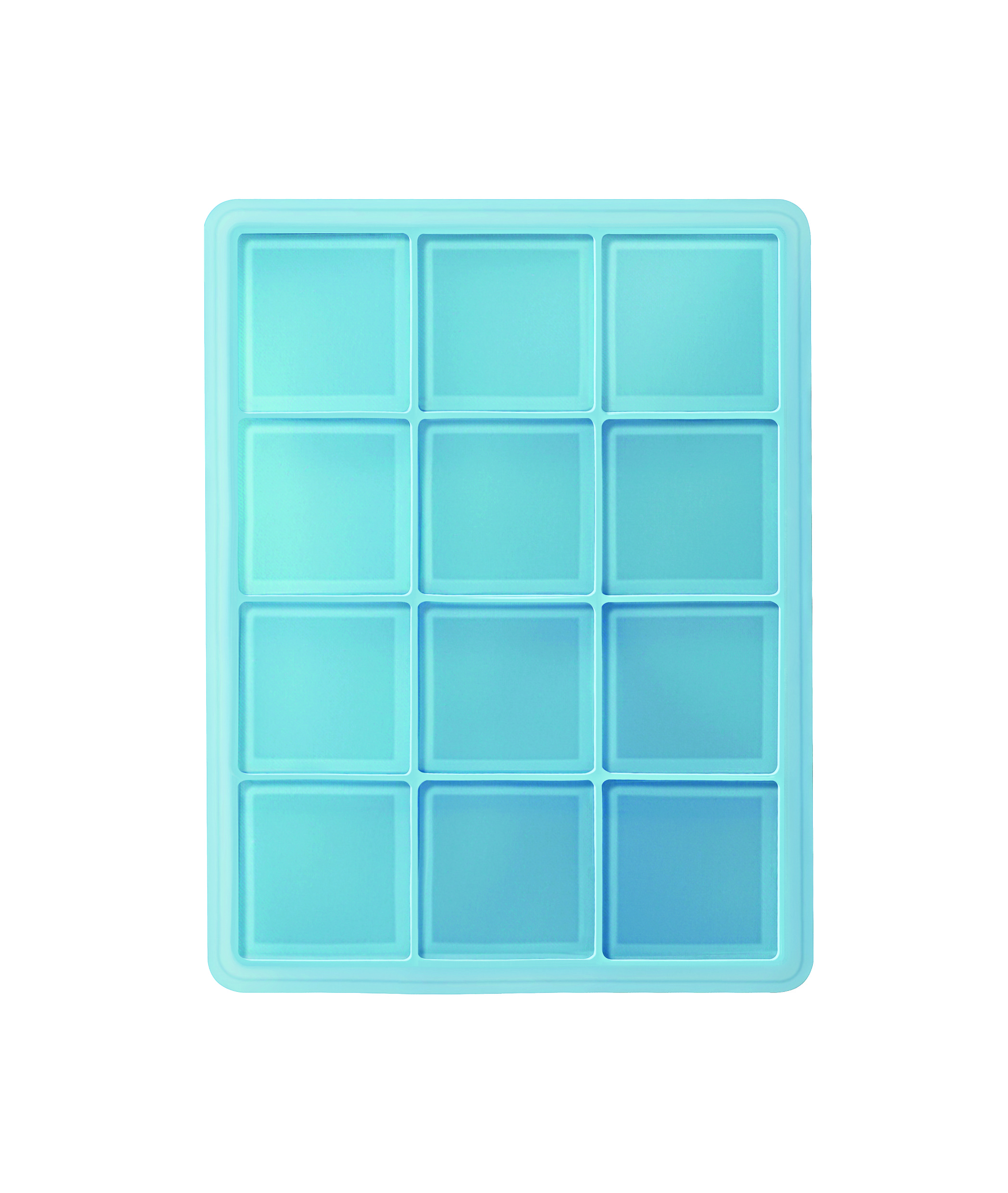 Ein blaues Eiswürfelbehälter mit quadratischen Formen.