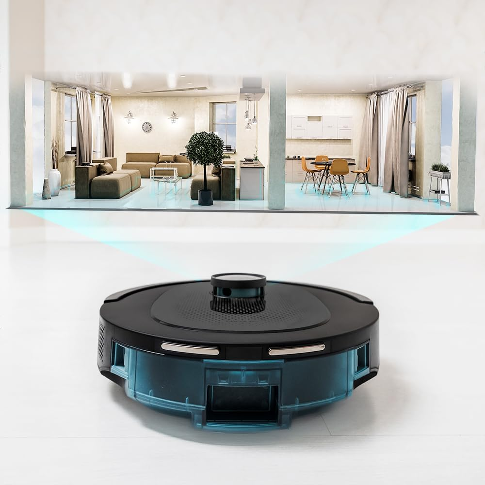 Robotporszívó a padlón, egy otthon belsejét mutatja, bútorokkal és világítással.