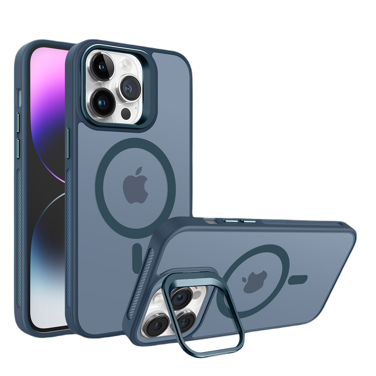 Siyah bir arka plan üzerinde Apple logosu ve halka standı olan mavi telefon kılıfları.