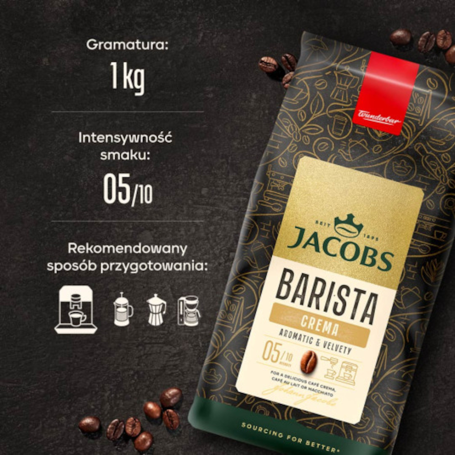 Opakowanie kawy Jacobs Barista z tekstem i rozrzuconymi ziarnami kawy.