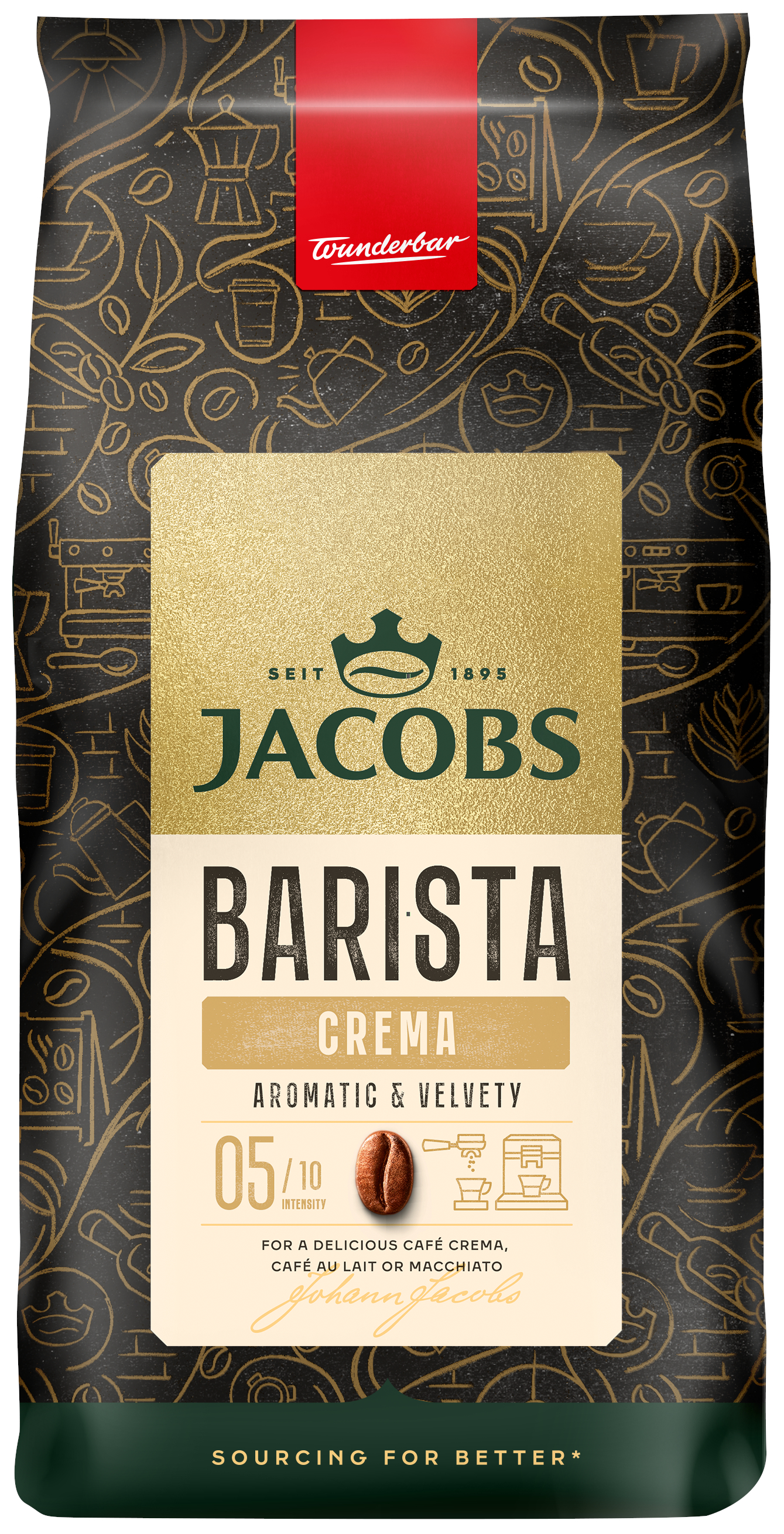 Torebka kawy Jacobs Barista Crema. Złote i brązowe kolory, obraz ziarna kawy, szczegóły tekstowe.