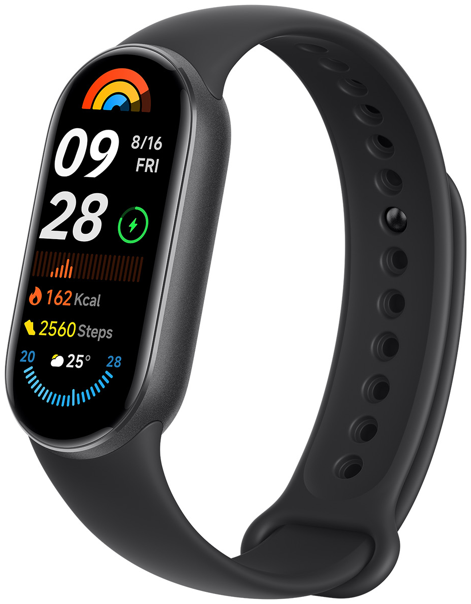 Fekete fitnesz tracker, mely időt, dátumot, lépéseket, kalóriákat és pulzust jelenít meg.