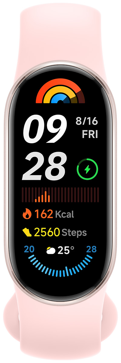 Rózsaszín fitneszkövető óra. Időt, dátumot, lépéseket, kalóriákat és akkumulátort mutat.
