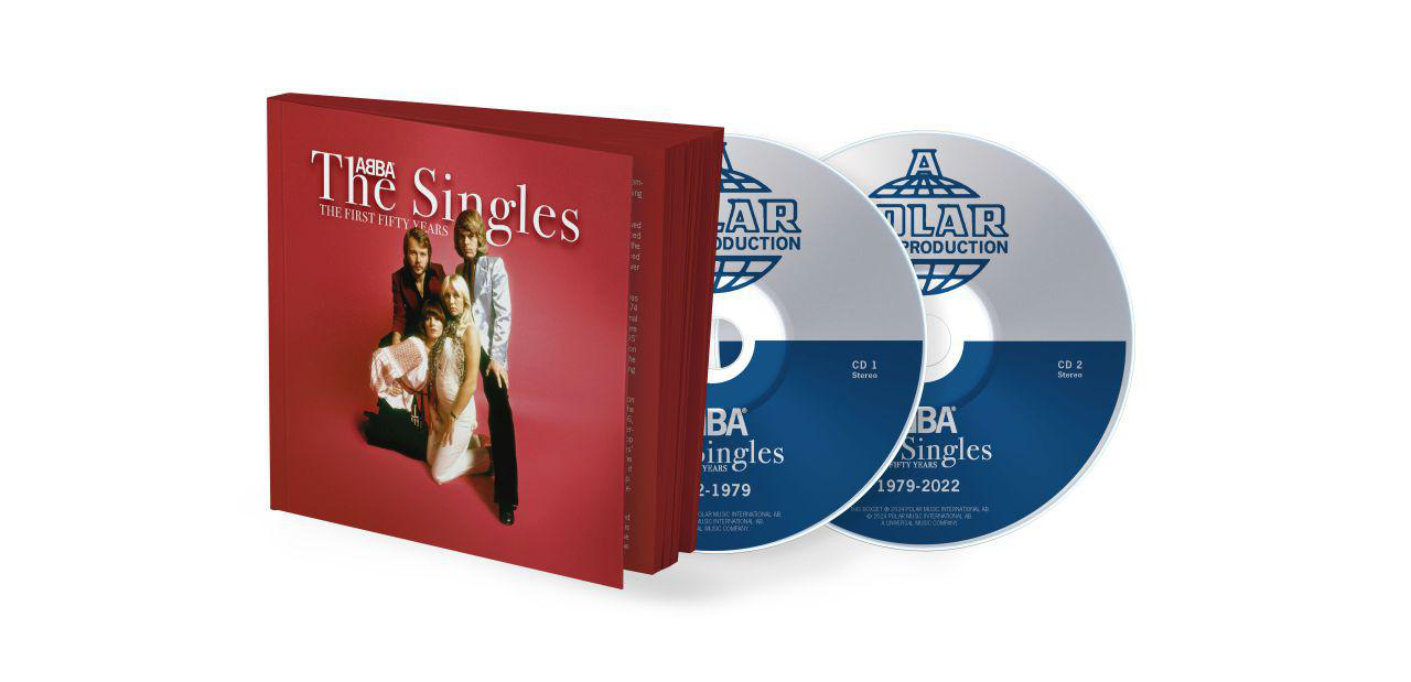ABBA's 'The Singles' CD-Set. Das Cover ist rot mit Bandbild. Zwei CDs sind sichtbar.
