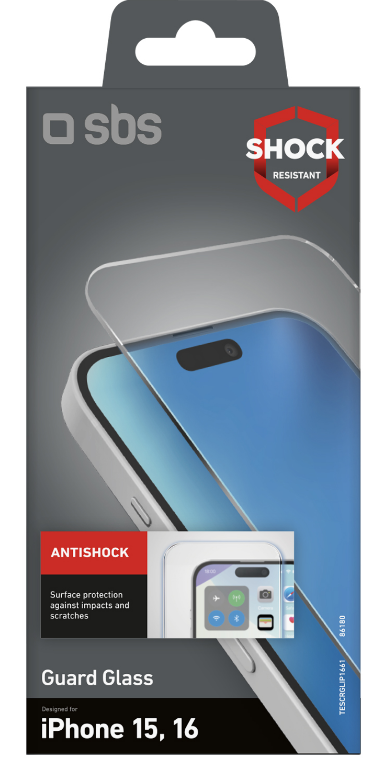 Verpackung für Displayschutzfolie. Zeigt Telefon mit angebrachter Schutzfolie und Text.