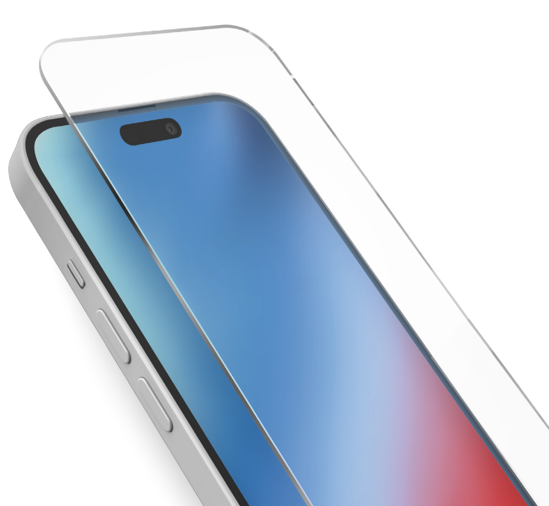 Weißes Telefon mit aufgebrachter Displayschutzfolie, zeigt die Oberseite des Telefons.