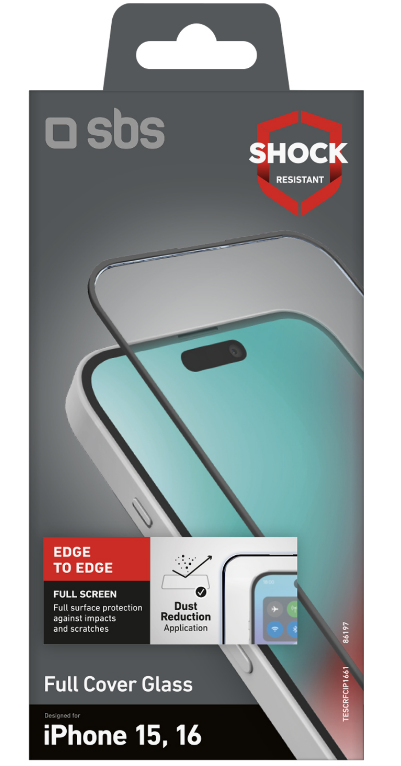 Verpackung für Displayschutzfolie. Text beinhaltet 'Full Cover Glass' und 'iPhone 15, 16'.