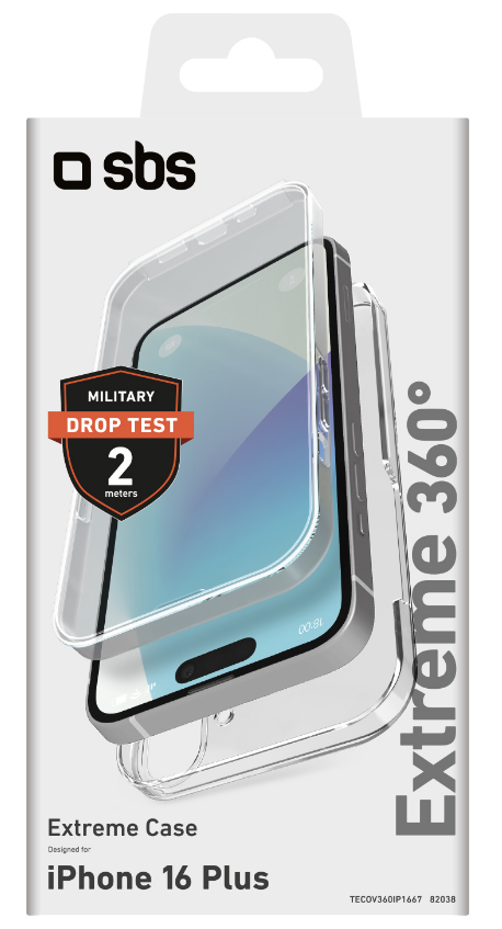 Transparente Handyhüllenverpackung mit klarer Handyhülle für iPhone 16 Plus mit Falltestinfo.