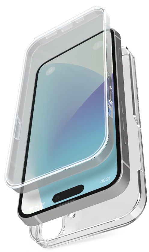 Ein Telefon in einer transparenten Hülle, mit geöffneter Hülle.