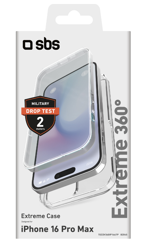 Transparente Handyhüllenverpackung mit klarer Handyhülle für iPhone 16 Pro Max mit Falltestinfo.