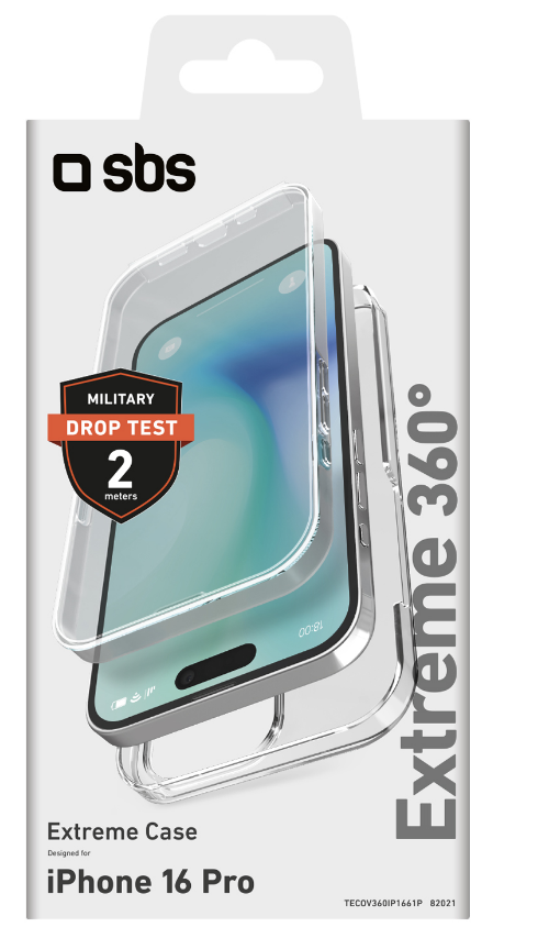 Verpackung einer transparenten Handyhülle. Die Handyhülle befindet sich auf weißem Hintergrund. Es gibt Text und Logos.