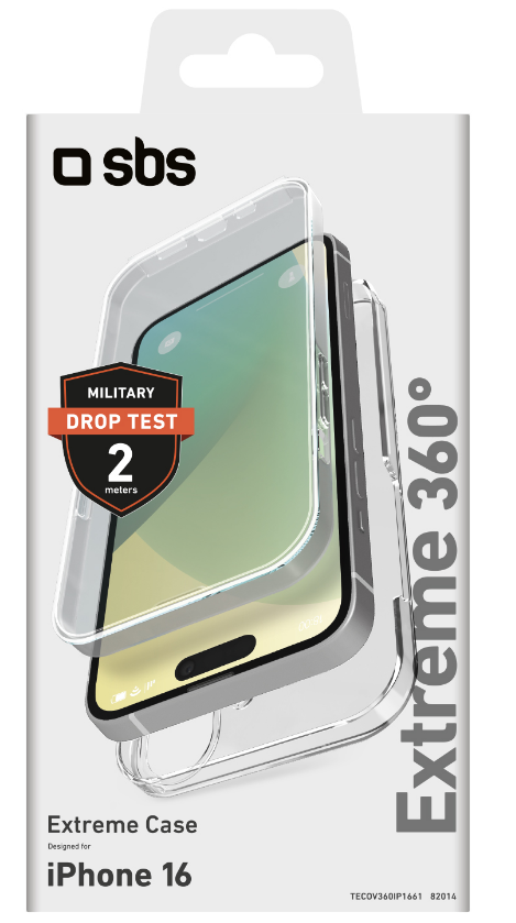 Transparente iPhone 16 Hülle mit Falltest-Etikett und Telefon darin, auf weißem Hintergrund.