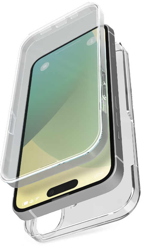 Ein Telefon mit einer durchsichtigen Hülle darüber. Das Telefon befindet sich in der Hülle. Die Hülle ist transparent.