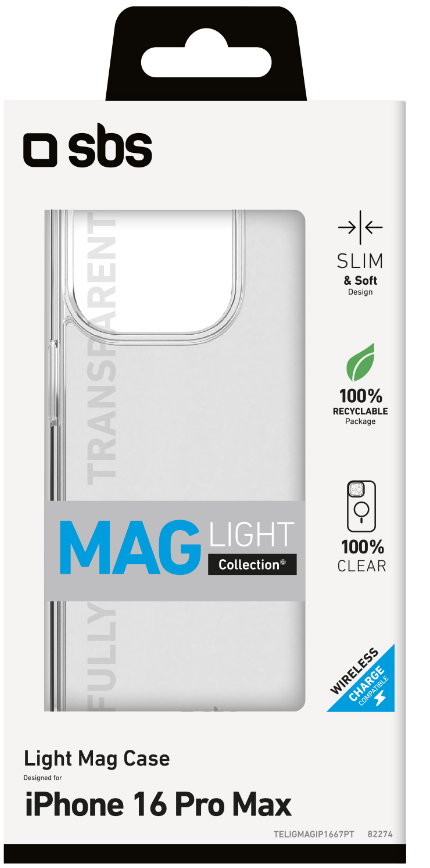 Weiße und transparente Handyhülle-Box mit dem Text "MAG LIGHT Collection" und kabellosem Laden.