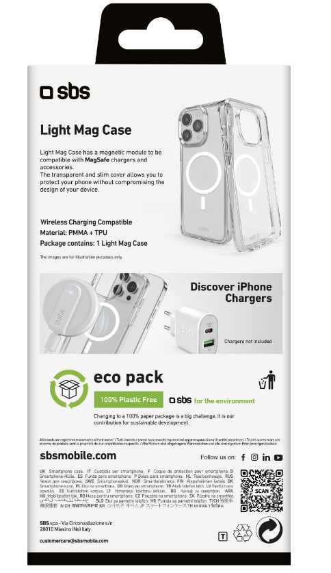 Rückseite einer iPhone-Hülle mit klarem Design. Produktdetails und ein QR-Code befinden sich auf der Verpackung.