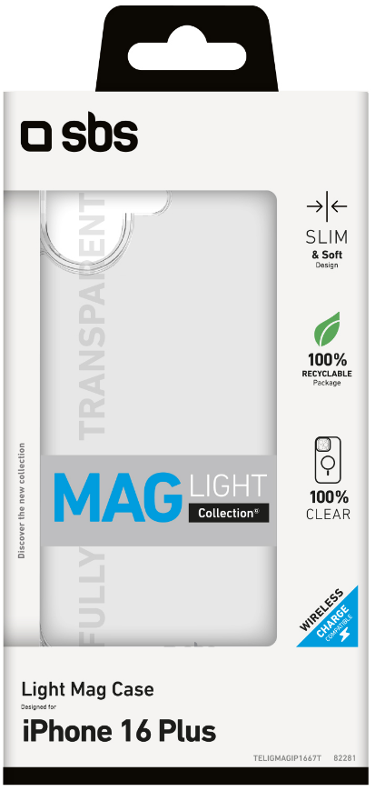 Weiße Handyhülle-Verpackung mit Text „MAG LIGHT Collection“ und Symbolen für Telefon, kabelloses Laden und Recycling.