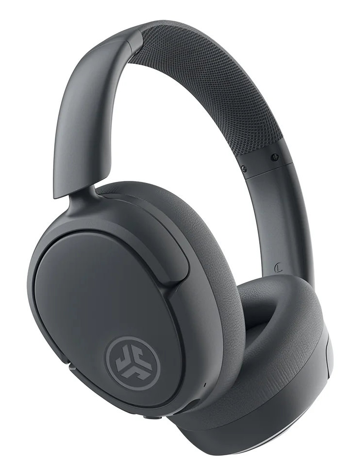 Ciemnoszare słuchawki z logo marki na nausznikach.