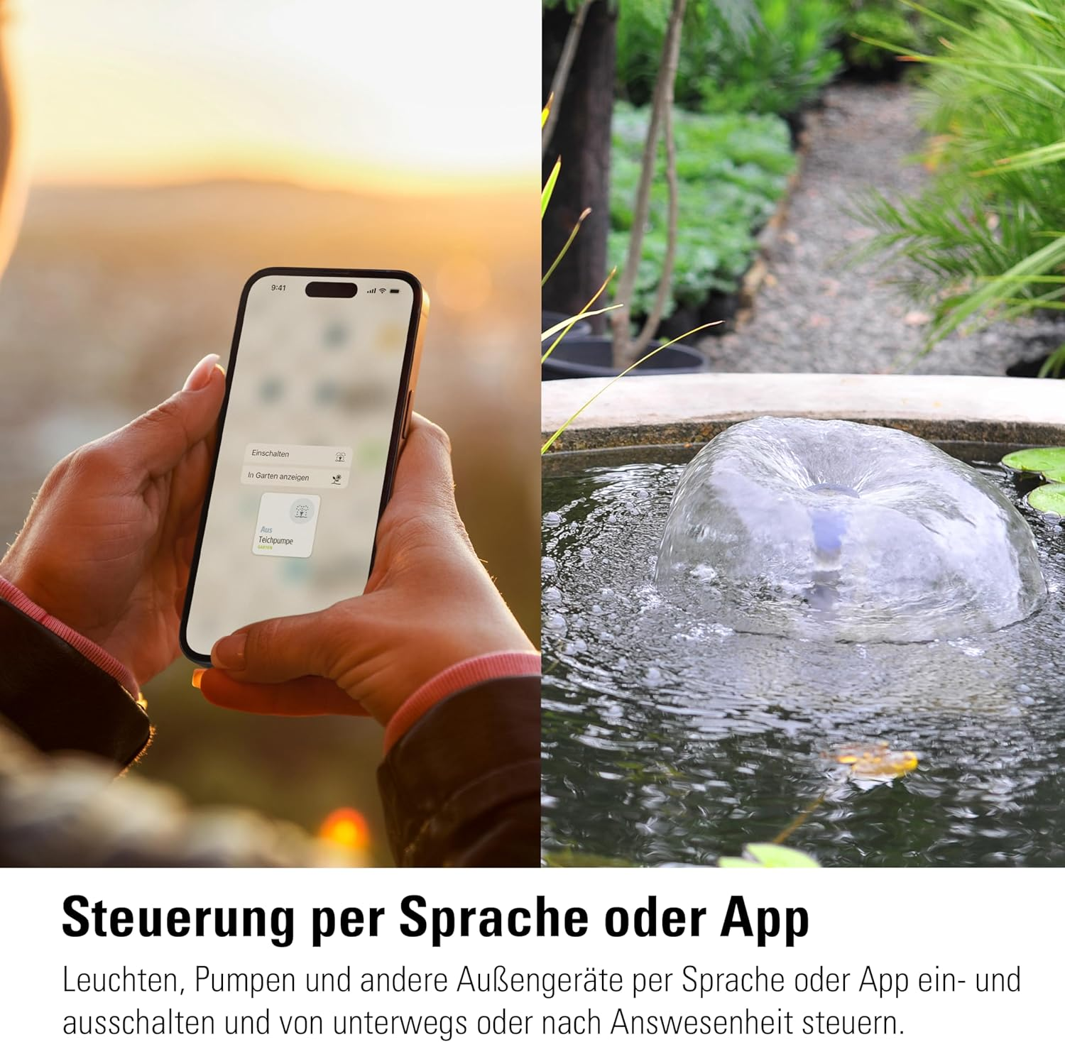 Eine Person steuert einen Springbrunnen per App. Im Hintergrund ein Wasserbrunnen.