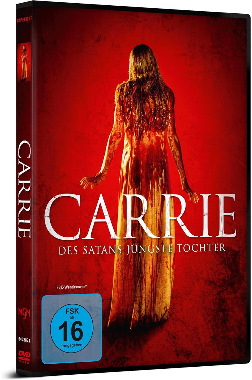 DVD-Hülle des Films Carrie. Eine blutbedeckte Frau steht vor rotem Hintergrund.