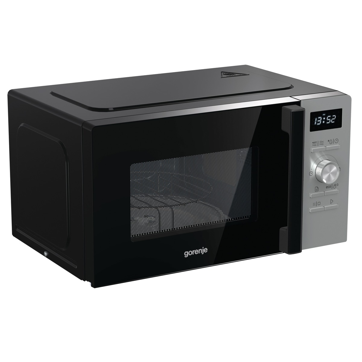 Czarna i szara kuchenka mikrofalowa z cyfrowym wyświetlaczem zegara i panelem sterowania po prawej stronie.