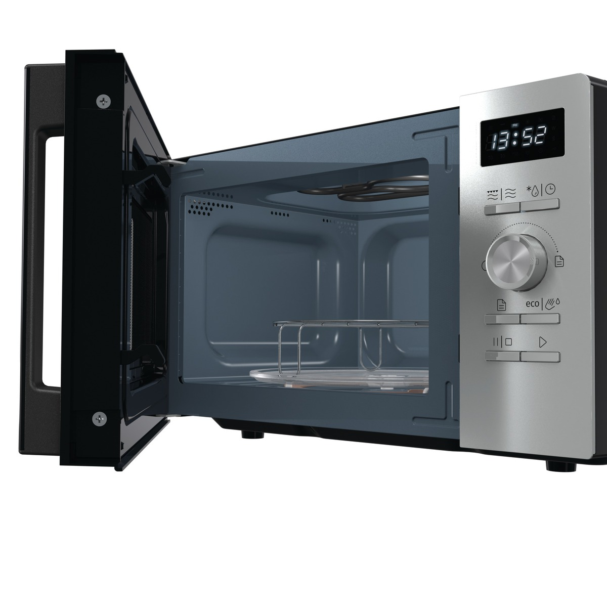 Kuchenka mikrofalowa jest otwarta, widoczne wnętrze i elementy sterujące.