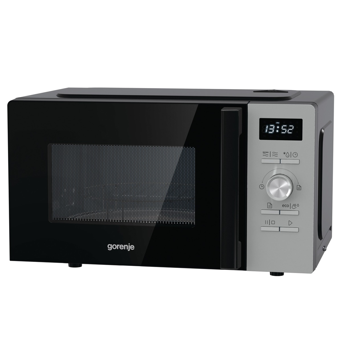 Czarna i srebrna kuchenka mikrofalowa z wyświetlaczem cyfrowym i panelem sterowania, na białym tle.