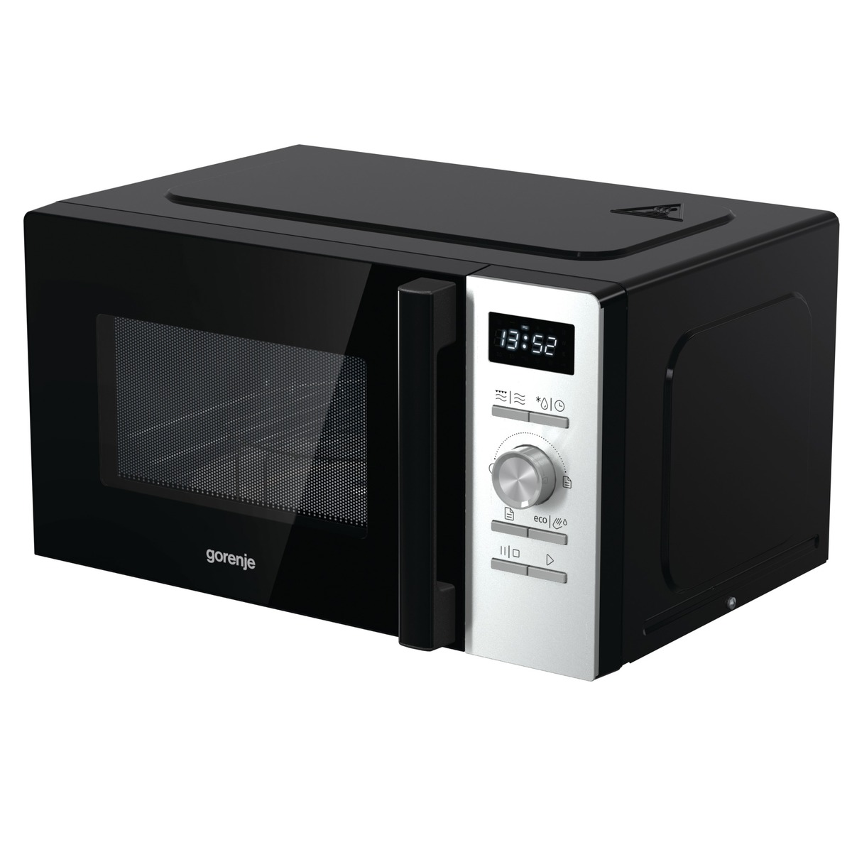 Czarny piekarnik mikrofalowy z wyświetlaczem cyfrowym i panelem sterowania, na białym tle.