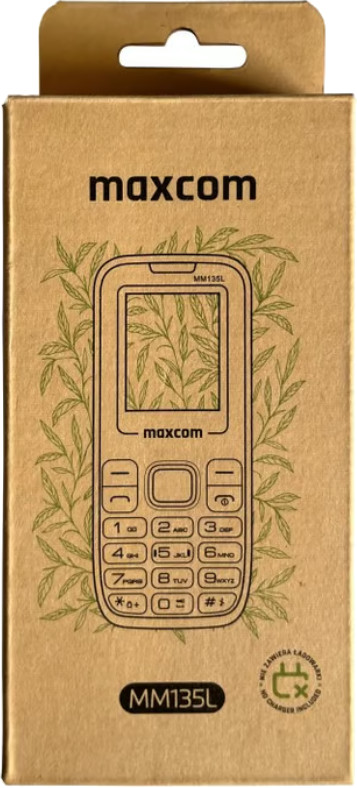 Pudełko ze zdjęciem telefonu maxcom. Brązowe, z zielonym wzorem liści. Widoczny zarys telefonu i przyciski.