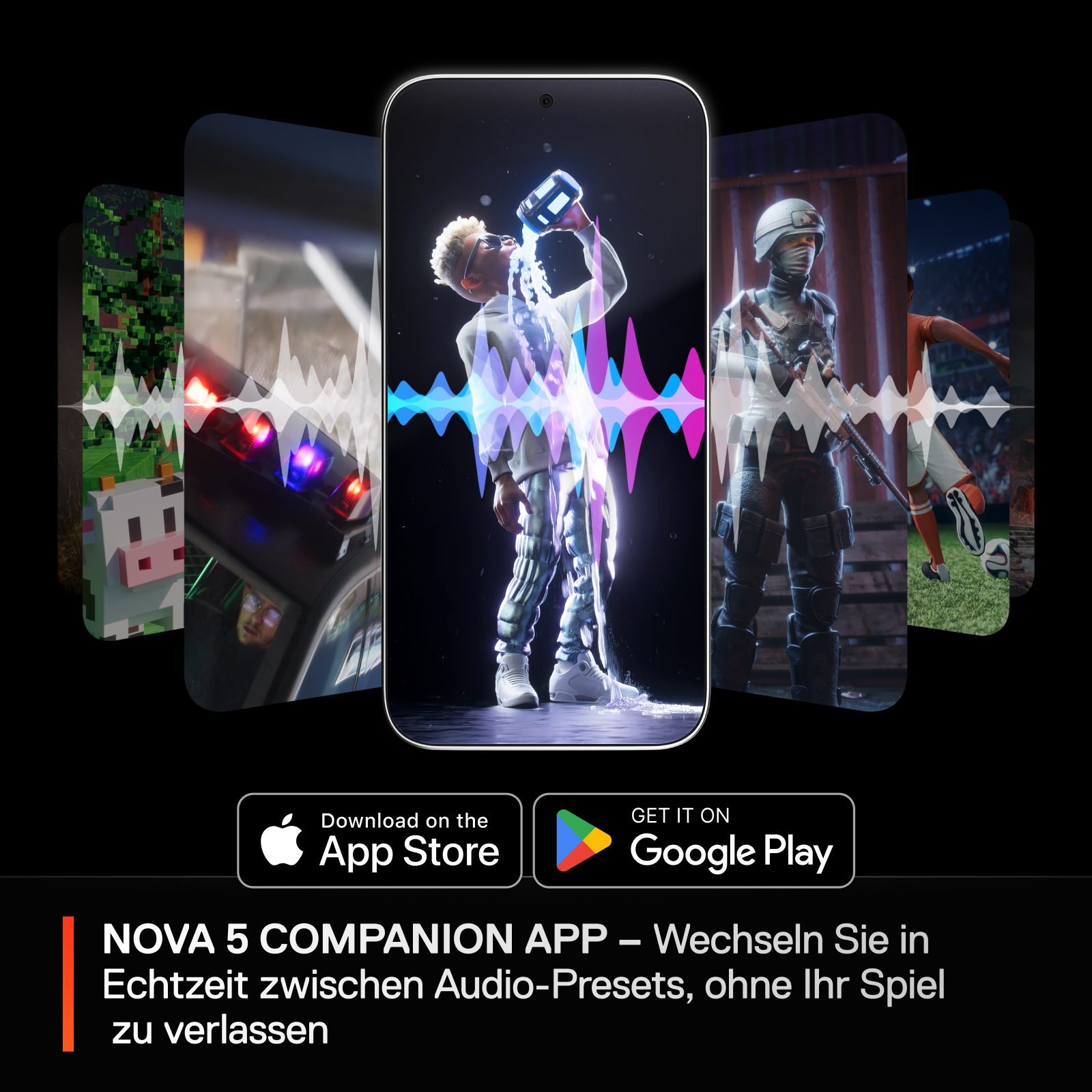 Ein Smartphone, das mehrere Spielszenen anzeigt, mit App Store Logos und Text darunter.