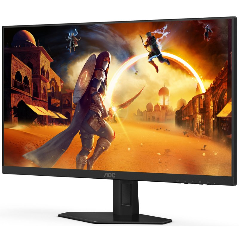 Monitor gaming AOC muestra una escena de fantasía. Guerrero con escudo y espada, figuras voladoras.